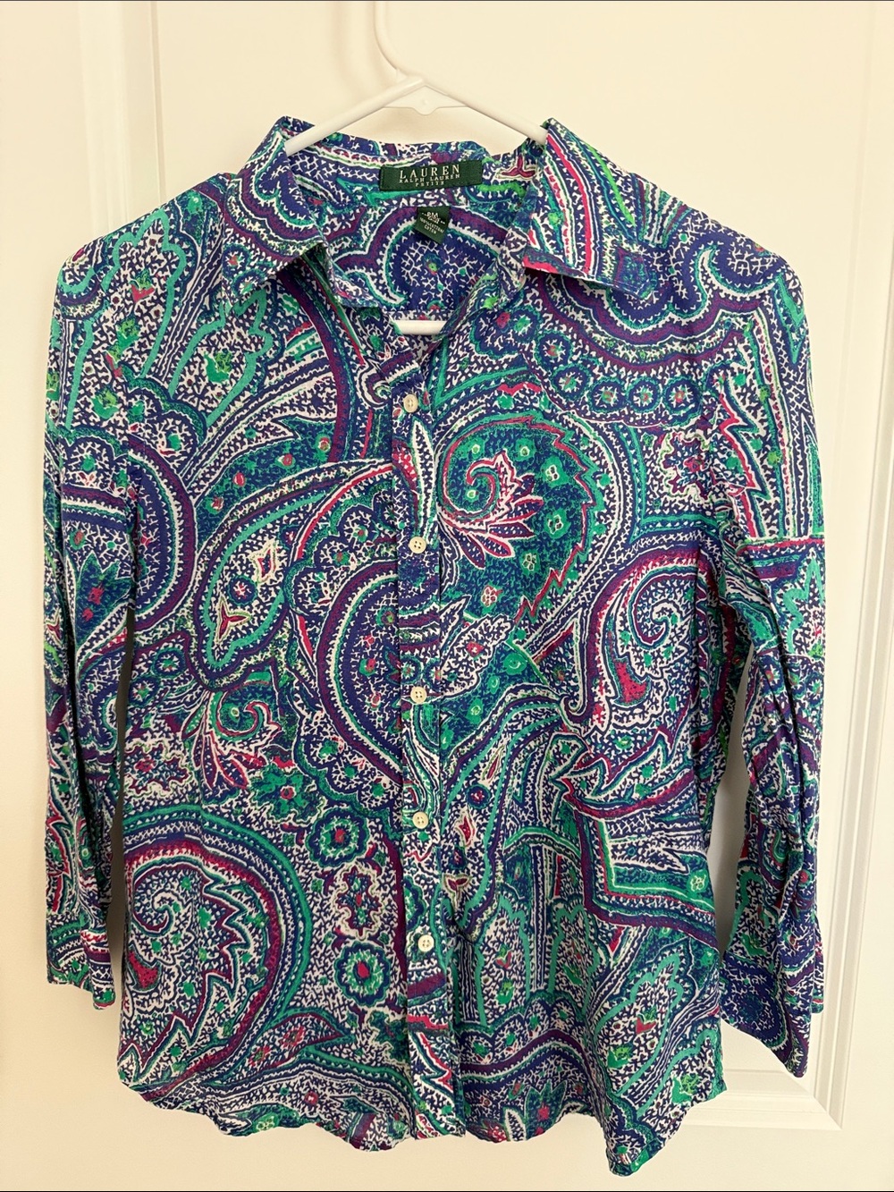 Lauren Ralph Lauren Blue and Green Paisley Button-Down Blouse